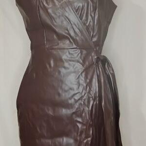 Elegant Brown Faux Leather Wrap Dress